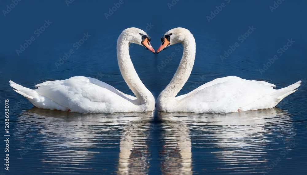 Obraz premium Two graceful swans form a heart on a serene lake.