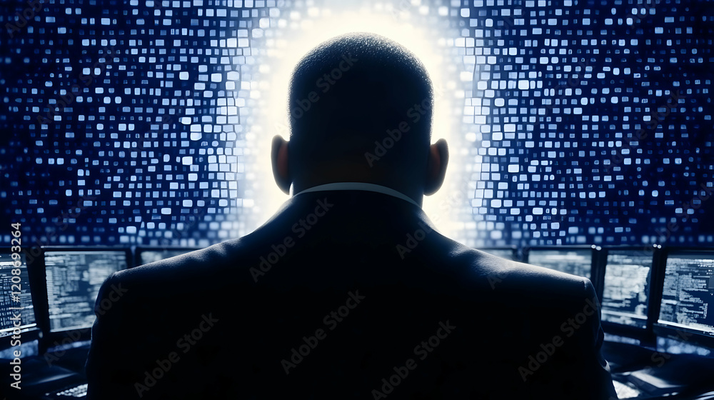 Businessman Sits Before Glowing Data Stream in Dark Room with Computers Businessman Sits Before Glowing Data Stream in Dark Room with Computers
