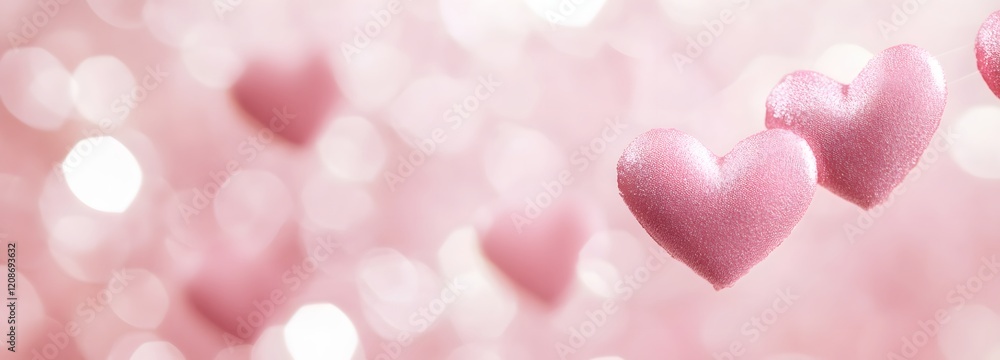 Obraz premium A muted blush pink background with a soft pattern of hearts and space for placing a product.
