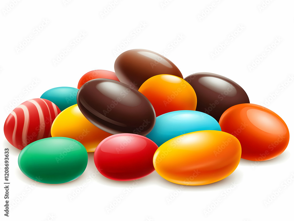 Colorful Chocolate Candies Piled Up on a White Background, Glossy and Delicious Treat Colorful Chocolate Candies Piled Up on a White Background, Glossy and Delicious Treat