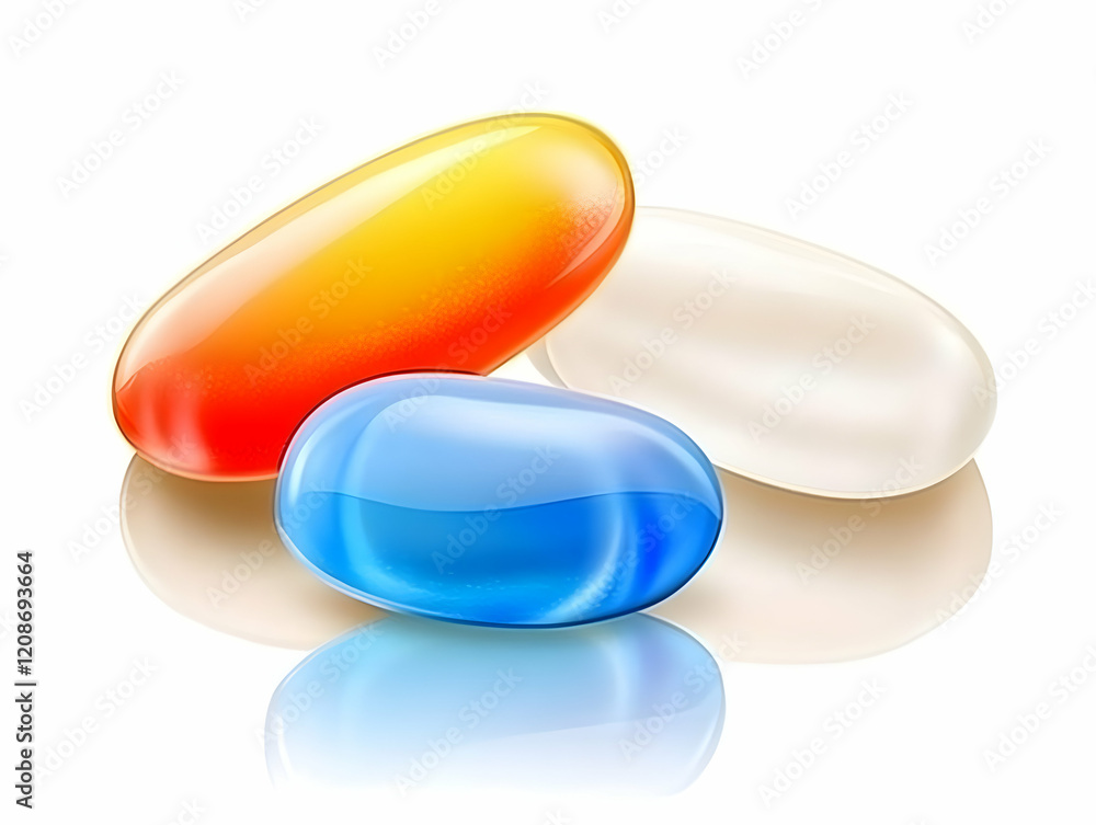 Three Glossy Oval Shapes in Orange, Blue, and White with Reflections on a White Background Three Glossy Oval Shapes in Orange, Blue, and White with Reflections on a White Background