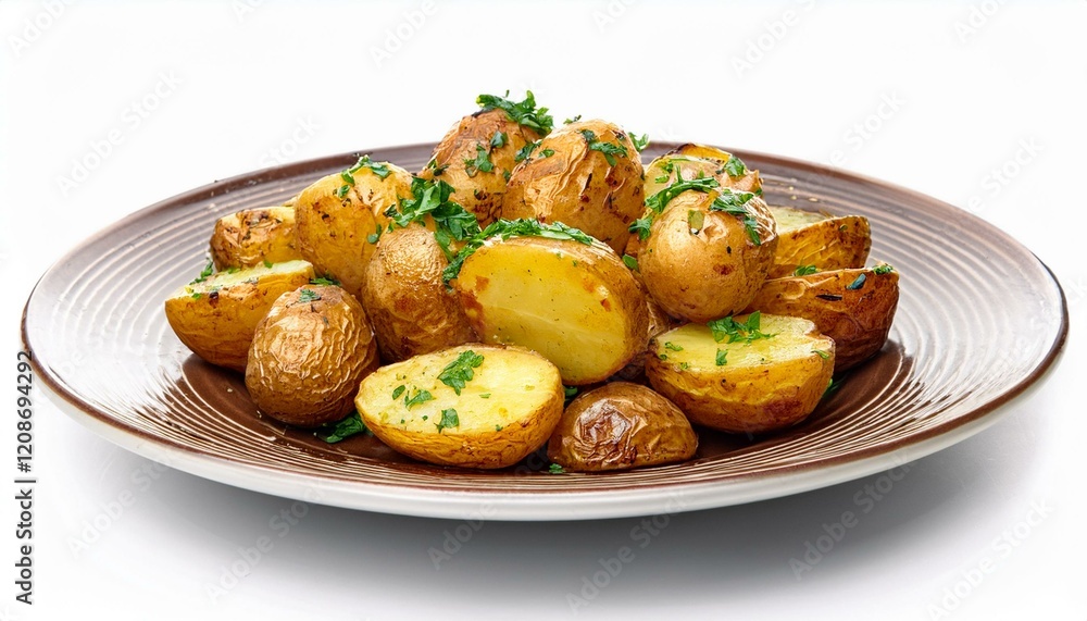 Golden roasted potatoes, seasoned with fresh herbs, served on a rustic plate. Golden roasted potatoes, seasoned with fresh herbs, served on a rustic plate.