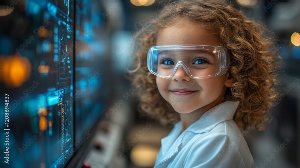 Girl scientist looking at futuristic screen Girl scientist looking at futuristic screen