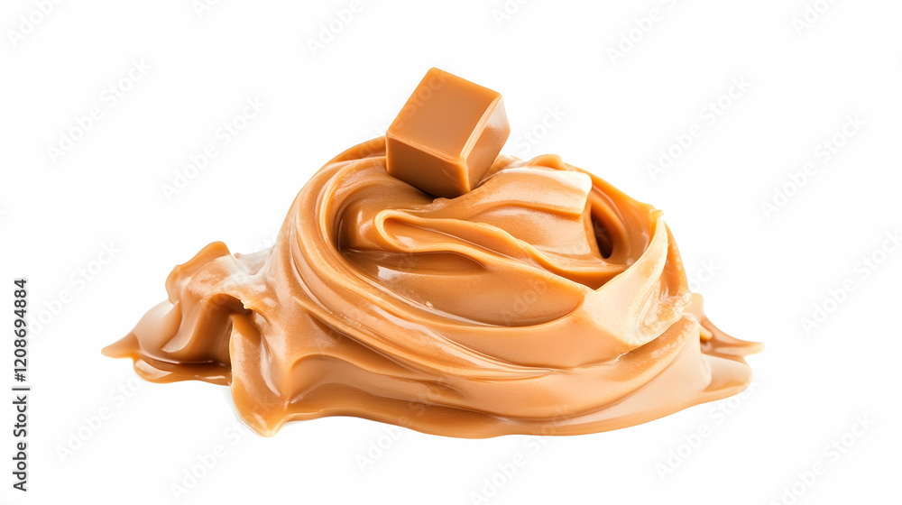 Creamy caramel swirl with cube, food photography, white background, sweet treat Creamy caramel swirl with cube, food photography, white background, sweet treat