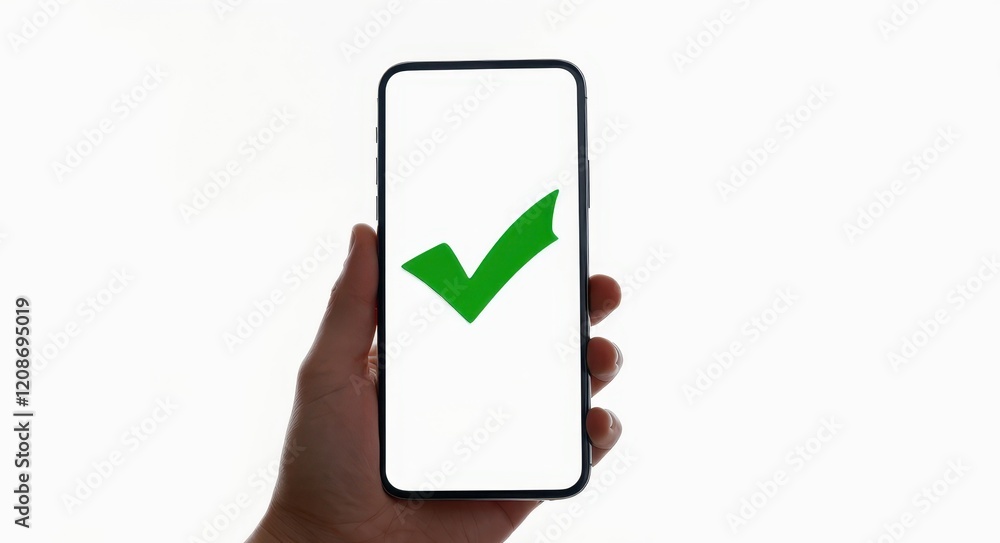 Green Checkmark Symbol on Smartphone Screen. Green Checkmark Symbol on Smartphone Screen.