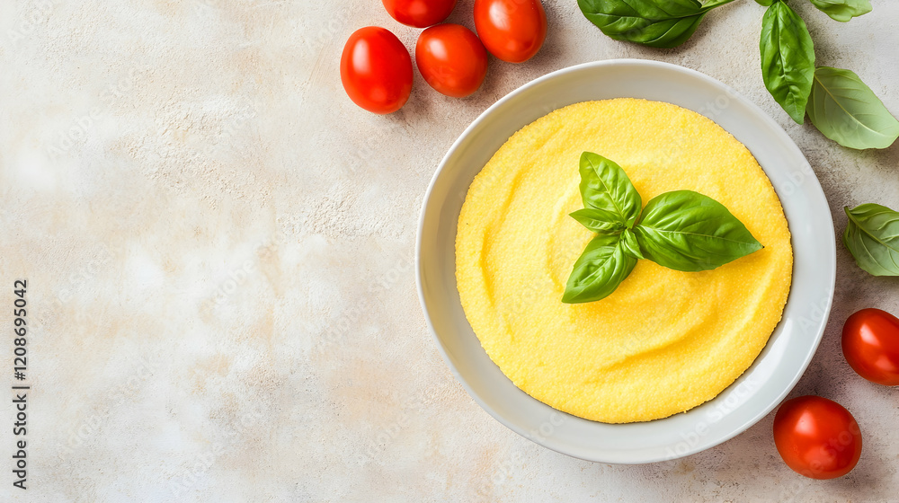 Creamy polenta with cherry tomatoes and basil, overhead shot on light background, ideal for food blogs and recipe websites Creamy polenta with cherry tomatoes and basil, overhead shot on light background, ideal for food blogs and recipe websites