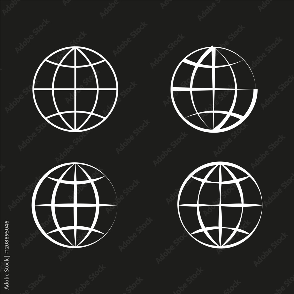 Globe outline icons. Global network shapes. Black line vector. Geographic sphere symbols. Globe outline icons. Global network shapes. Black line vector. Geographic sphere symbols.