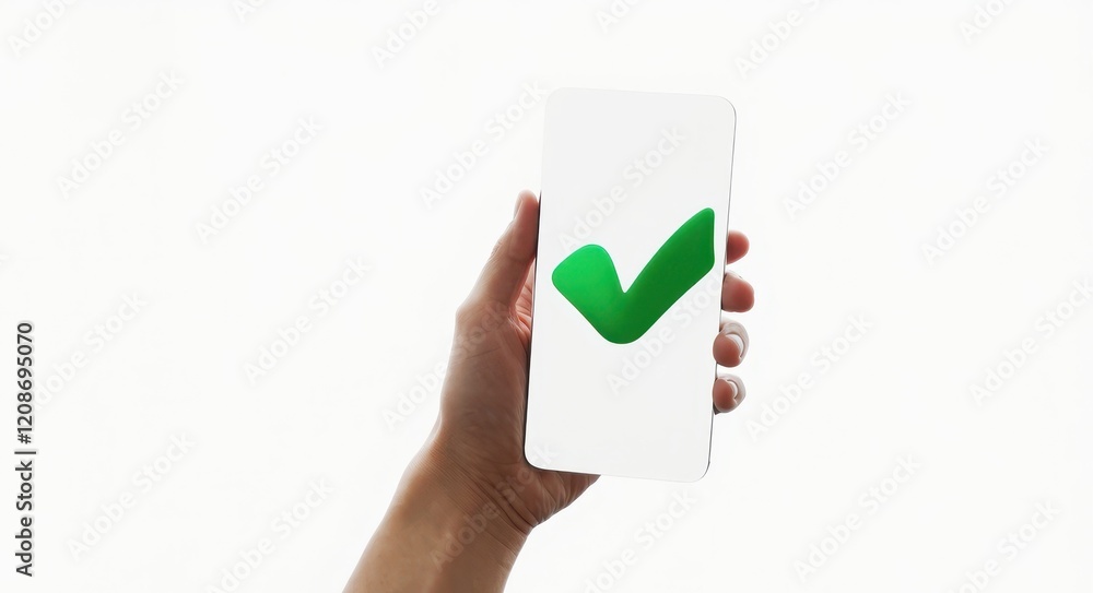 Green Checkmark Symbol on Smartphone Screen. Green Checkmark Symbol on Smartphone Screen.