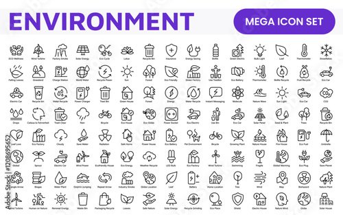 Environment Icon Set. A vibrant collection of icons promoting sustainability and eco-friendliness, environmental awareness and conservation efforts.