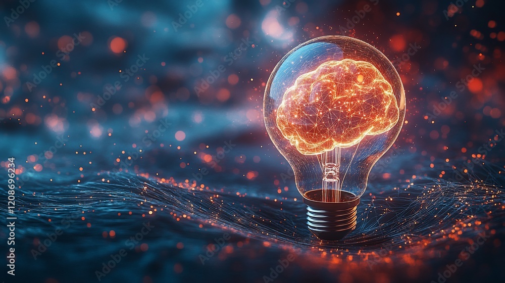 Glowing brain inside lightbulb; abstract digital background; idea concept Glowing brain inside lightbulb; abstract digital background; idea concept