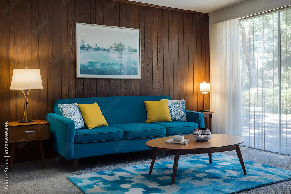 Teal Sofa and Wood Paneling Create a Cozy Living Room with Natural Light Teal Sofa and Wood Paneling Create a Cozy Living Room with Natural Light