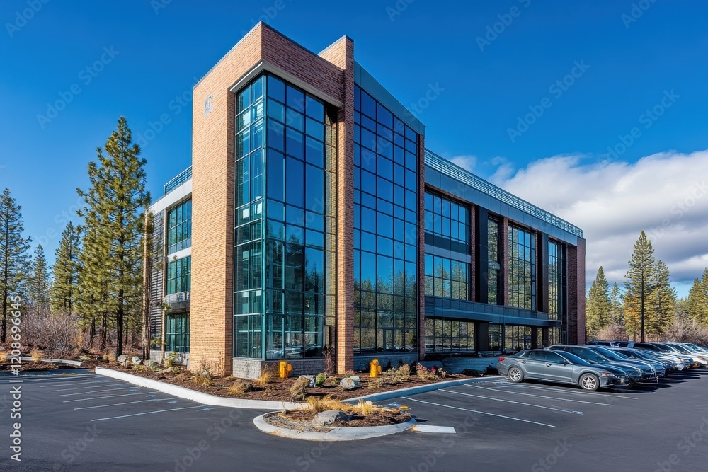 Modern office building with large glass windows surrounded by tall pine trees and parked cars in the foreground under a clear blue sky in a serene location. Modern office building with large glass windows surrounded by tall pine trees and parked cars in the foreground under a clear blue sky in a serene location.
