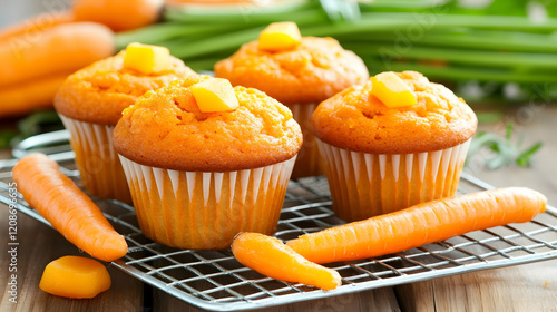 Delicious carrot muffins on cooling rack, fresh carrots & greens in background; perfect for baking blogs or recipe websites photo