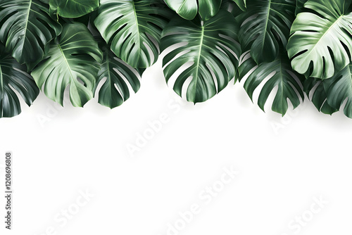 Tropical Monstera Leaves Arranged on White Background Creates a Natural Border with Copy Space photo