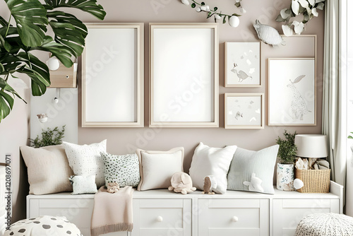 Cozy Kids Room Decor with Neutral Colors, Blank Frames, and Plush Toys. Perfect for Mockups and Design Inspiration.