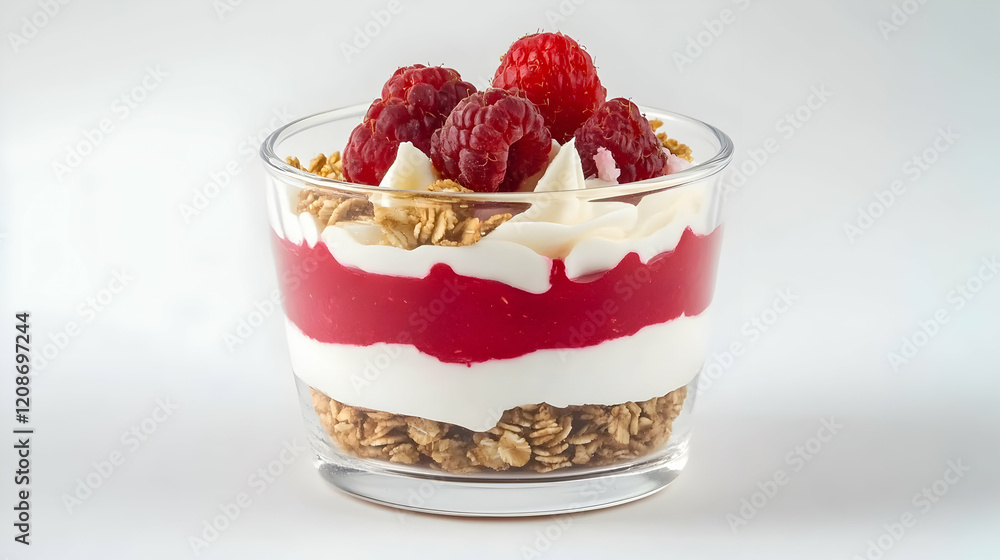 Delicious raspberry yogurt parfait with granola, ideal for breakfast or a healthy snack Delicious raspberry yogurt parfait with granola, ideal for breakfast or a healthy snack