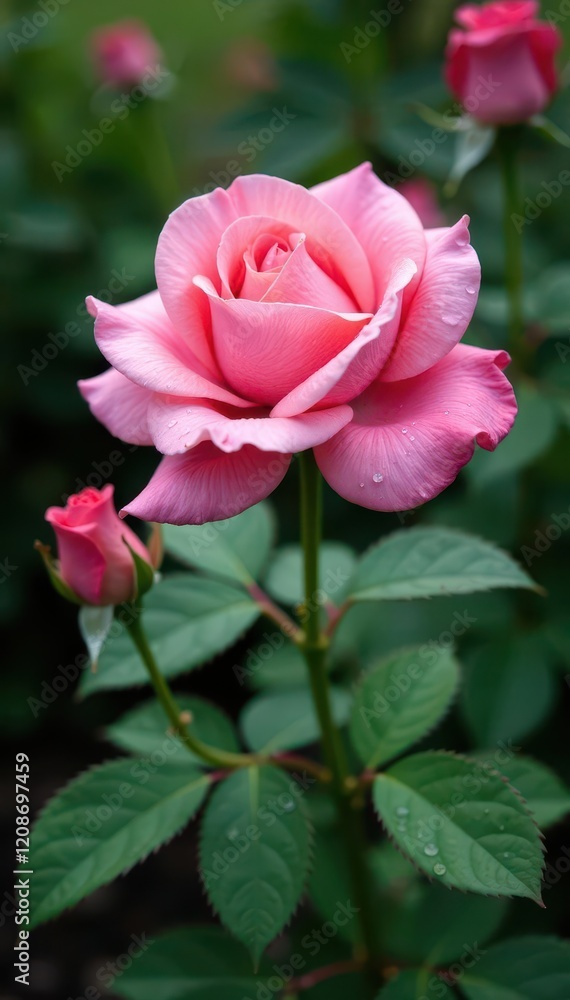 Gentle pink rose with droplets on petals sways softly in the garden breeze, garden, flowers Gentle pink rose with droplets on petals sways softly in the garden breeze, garden, flowers