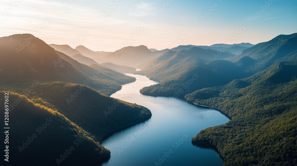 river winds peacefully through mountainous landscape, creating sense of serenity and tranquility with soft warm light through out valley river winds peacefully through mountainous landscape, creating sense of serenity and tranquility with soft warm light through out valley