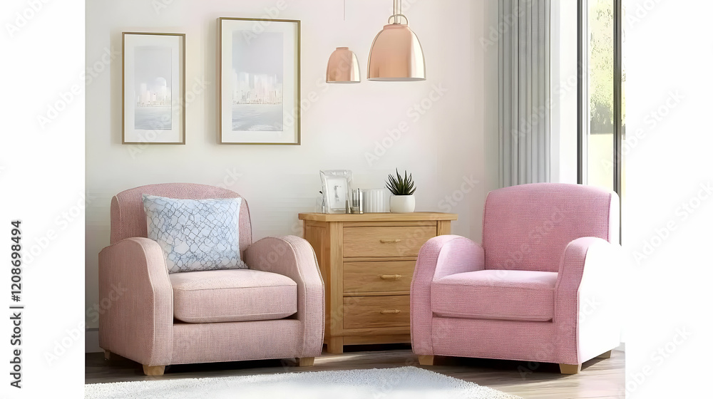 Two Pink Armchairs Sit Elegantly in a Modern Living Room with Pictures and Copper Pendant Lamps Beautifully Illuminating the Space. Two Pink Armchairs Sit Elegantly in a Modern Living Room with Pictures and Copper Pendant Lamps Beautifully Illuminating the Space.