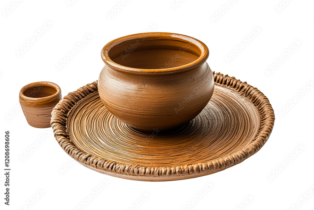 Traditional pottery displayed on a woven platter showcasing artisanal craftsmanship isolated on transparent background Traditional pottery displayed on a woven platter showcasing artisanal craftsmanship isolated on transparent background