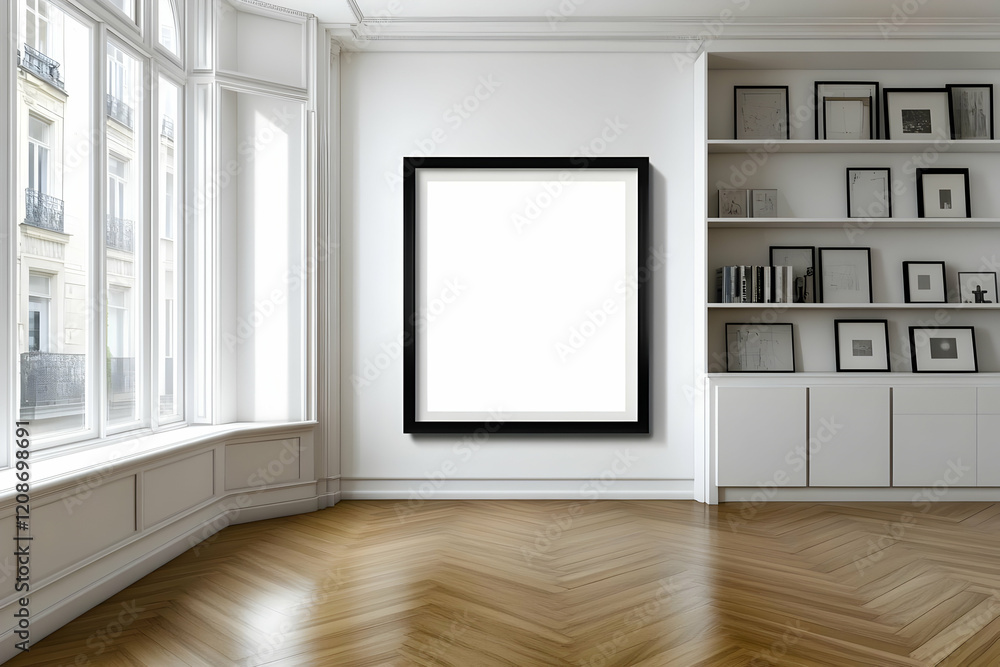 Blank Frame Mockup in a Classic White Room with Bookshelves and Wooden Floors, Featuring Natural Sunlight Blank Frame Mockup in a Classic White Room with Bookshelves and Wooden Floors, Featuring Natural Sunlight