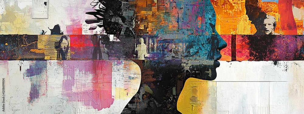 Fototapeta premium Bold abstract figure collage with layered shapes and textures in vibrant colors
