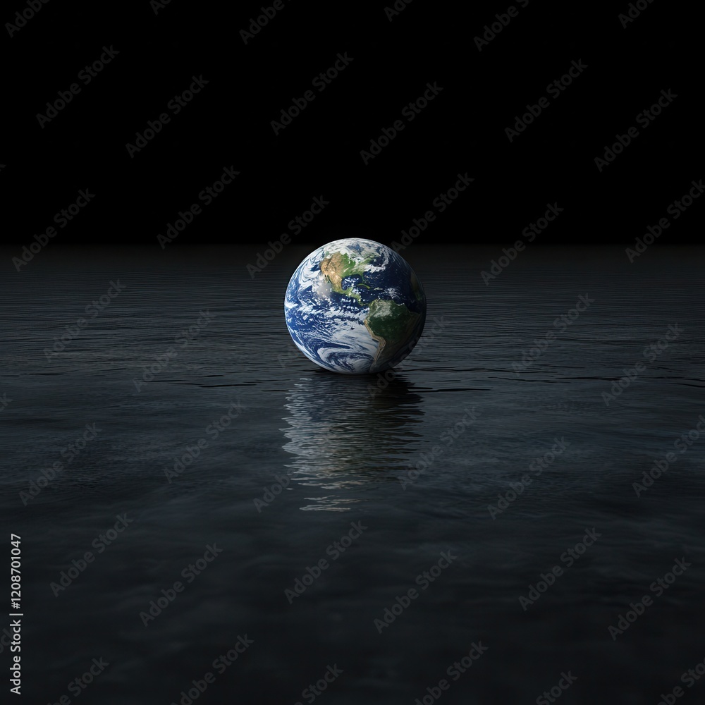 Earth Floating in Dark Ocean Background Scene Earth Floating in Dark Ocean Background Scene