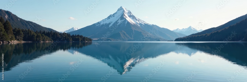 Mountain peak reflected in a calm lake surface, stillness, reflection, peak Mountain peak reflected in a calm lake surface, stillness, reflection, peak