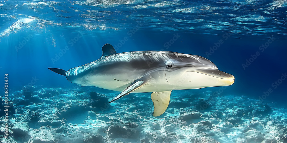 Fototapeta premium Dolphin gracefully swims through clear ocean waters, over a vibrant coral reef, bathed in sunlit depths.