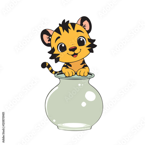 The cute cartoon cat with orange fur and a playful tail is a happy and fun feline character perfect for design