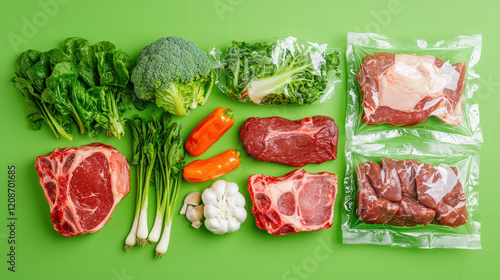 Fresh vegetables and packaged meats arranged vibrant green background, showcasing healthy meal preparation. image features broccoli, spinach, and various cuts of meat, emphasizing eco friendly photo