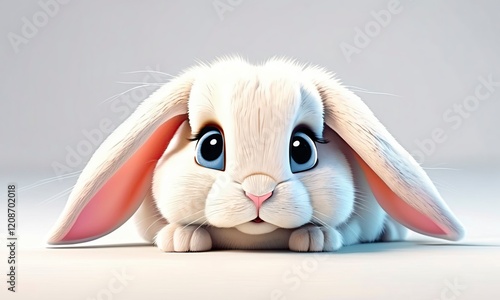 Cute lop-eared hare Bunny with big blue eyes in 3d cartoon character on white background Close up Isolated Farm animal for kids Story book Generative AI