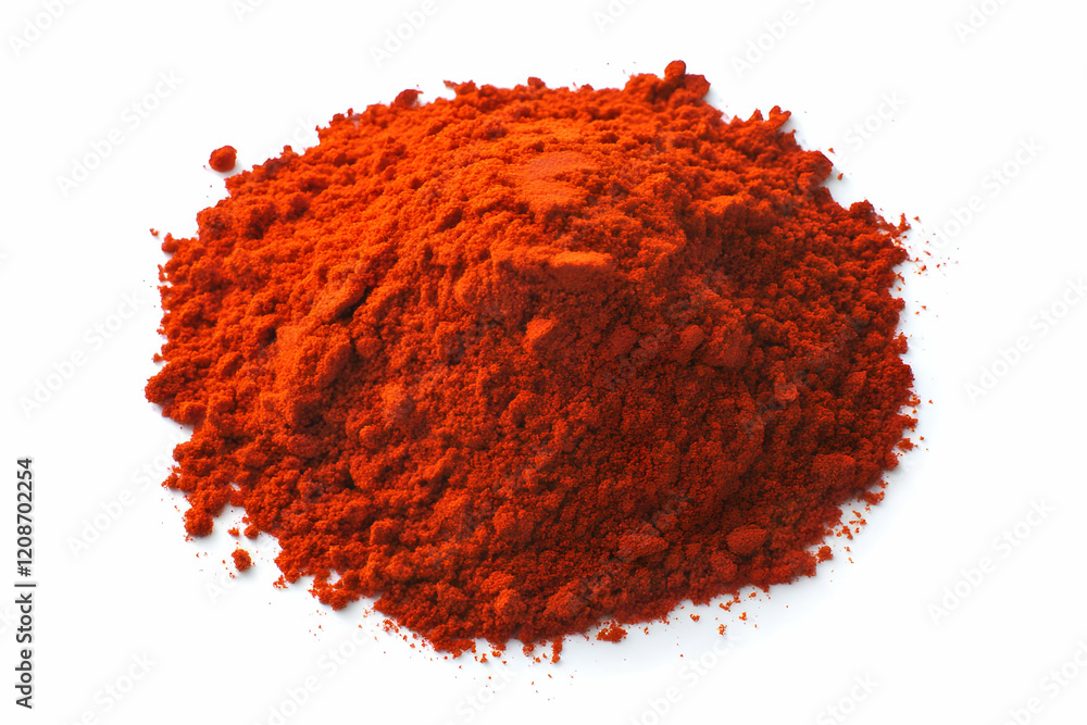 Pile of Ground Red Chili Pepper Powder Forms a Mound on a White Background Pile of Ground Red Chili Pepper Powder Forms a Mound on a White Background