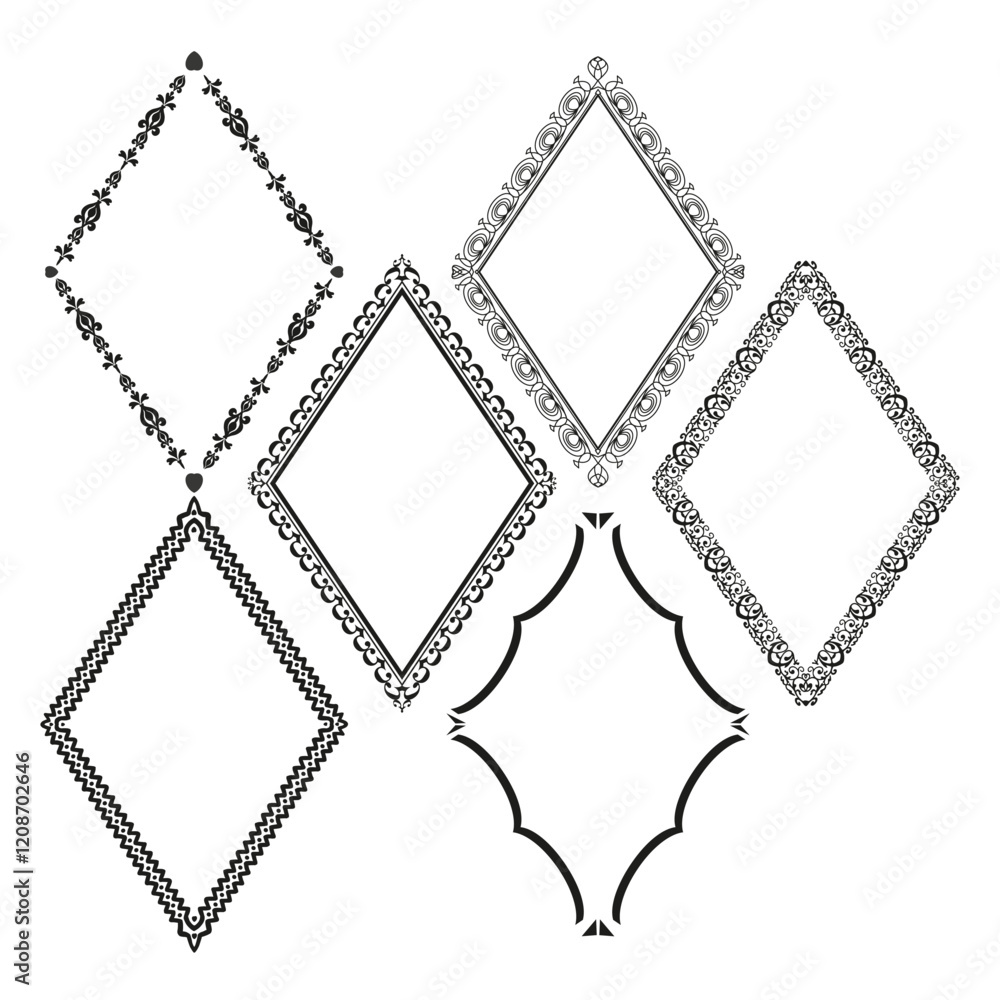 Diamond shaped frames. Ornamental vector elements. Black and white pattern. Decorative frame set. Diamond shaped frames. Ornamental vector elements. Black and white pattern. Decorative frame set.