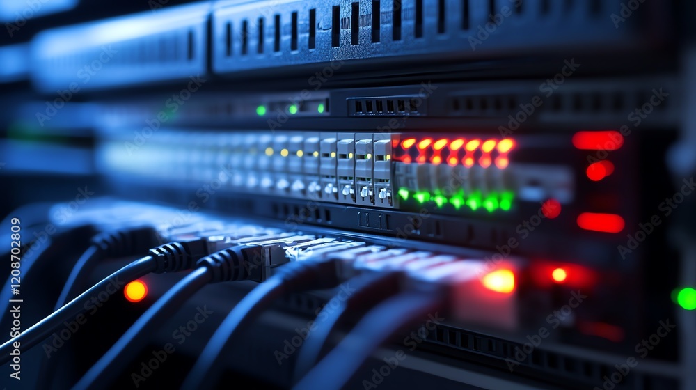 Network Server With Illuminated Ports and Cables During Night Operation in a Data Center Network Server With Illuminated Ports and Cables During Night Operation in a Data Center