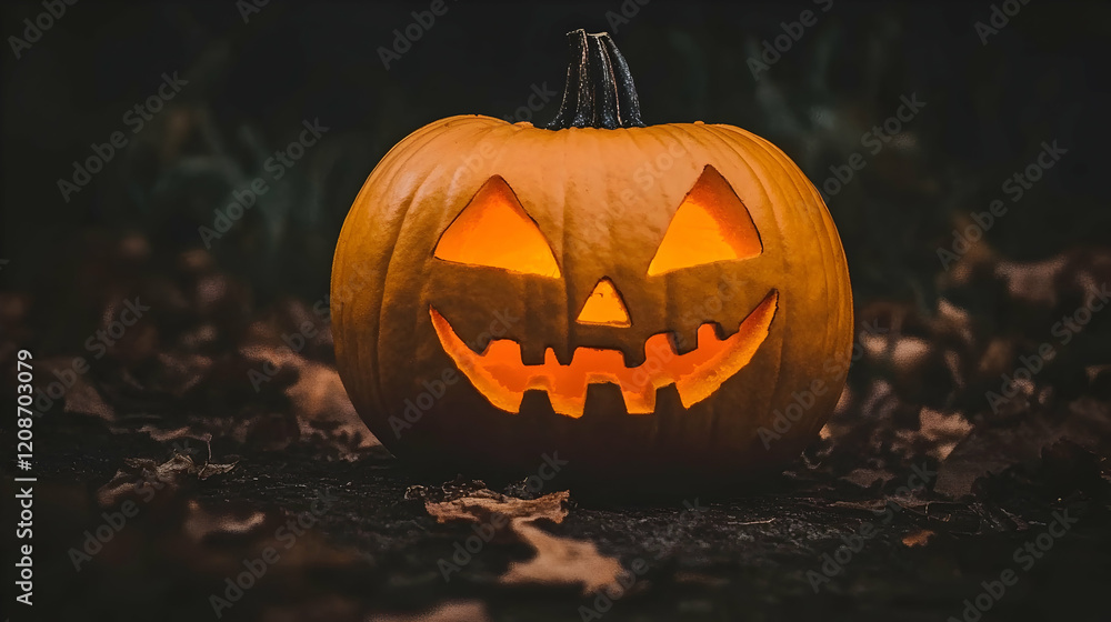 Glowing Jack-o'-lantern in autumn leaves at night, Halloween decoration Glowing Jack-o'-lantern in autumn leaves at night, Halloween decoration
