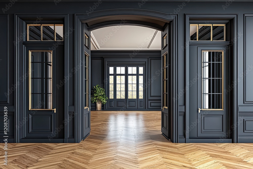 Elegant Modern Interior with Black Doors and Wooden Flooring Showcasing Spacious Room Bathed in Natural Light and Lush Plants Elegant Modern Interior with Black Doors and Wooden Flooring Showcasing Spacious Room Bathed in Natural Light and Lush Plants