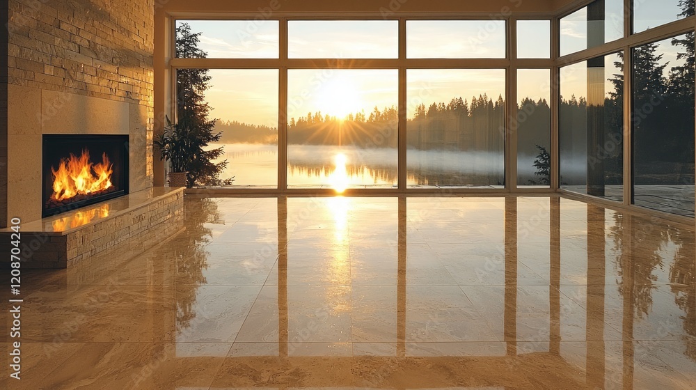 Fototapeta premium Sunrise lake view from modern home's living room; perfect for real estate listings