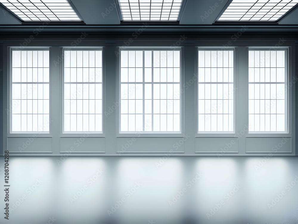 Modern Empty Room with Large Windows and Grid Ceiling Panels Illuminates the White Wall Modern Empty Room with Large Windows and Grid Ceiling Panels Illuminates the White Wall