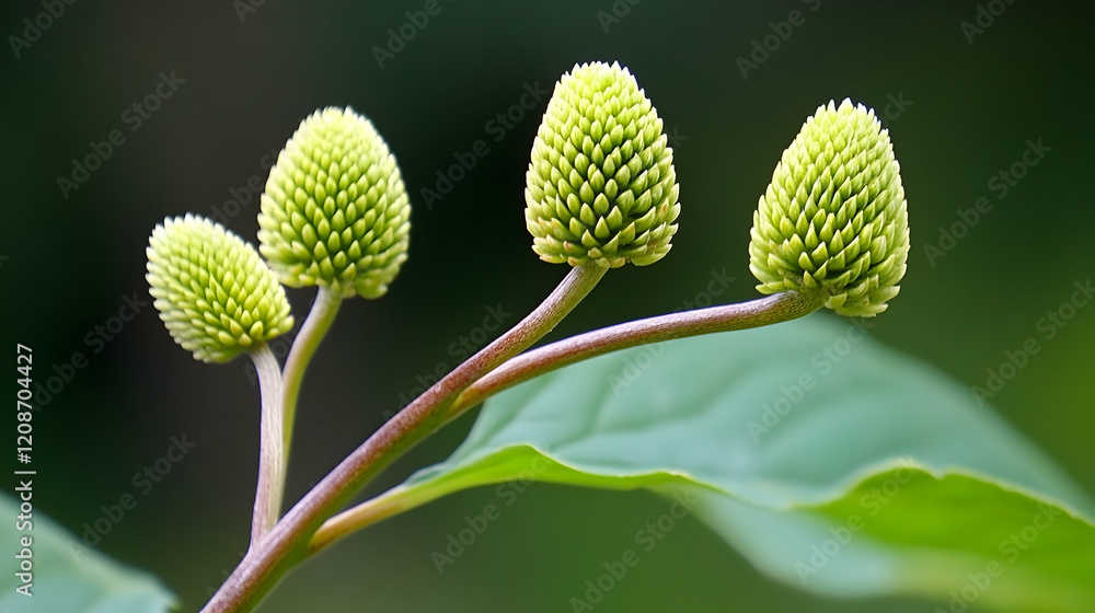 Green flower buds blooming on branch, garden background, nature photography, botanical illustration Green flower buds blooming on branch, garden background, nature photography, botanical illustration