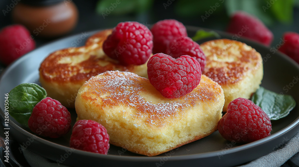 Heart-shaped pancakes with raspberries, romantic breakfast Heart-shaped pancakes with raspberries, romantic breakfast