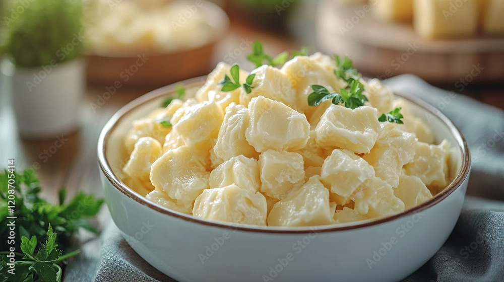 A block of butter in a white bowl with a minimalist, modern background and empty space for text or captions, featuring a clean, bright, and blurred tone emphasizing simplicity and freshness
A block of butter in a white bowl with a minimalist, modern background and empty space for text or captions, featuring a clean, bright, and blurred tone emphasizing simplicity and freshness