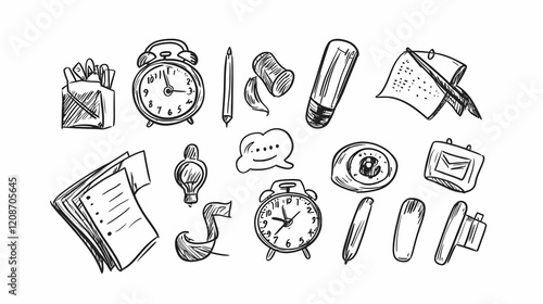 Hand-drawn office supplies and time management tools; planning and scheduling concept; white background; for website or blog