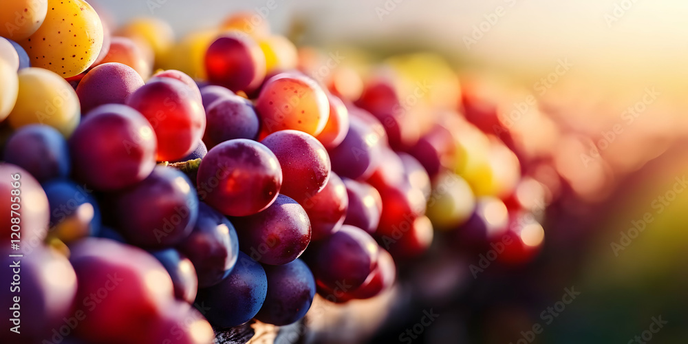 Close-Up of Ripe Grapes on the Vine at Sunset, Showing a Variety of Colors and Textures.