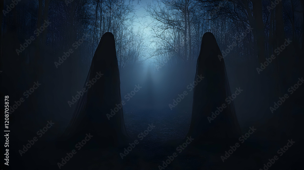 Two Cloaked Figures Stand in a Misty Forest Path at Night with Moonlight Two Cloaked Figures Stand in a Misty Forest Path at Night with Moonlight