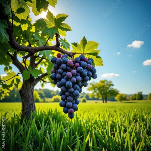 Sun-kissed dark blue grapes dangle gracefully on a lush green vine, forming a perfect triangular cluster under the radiant sun photo