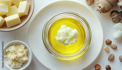 Shea butter oil natural essential for skincare or other on glass jar