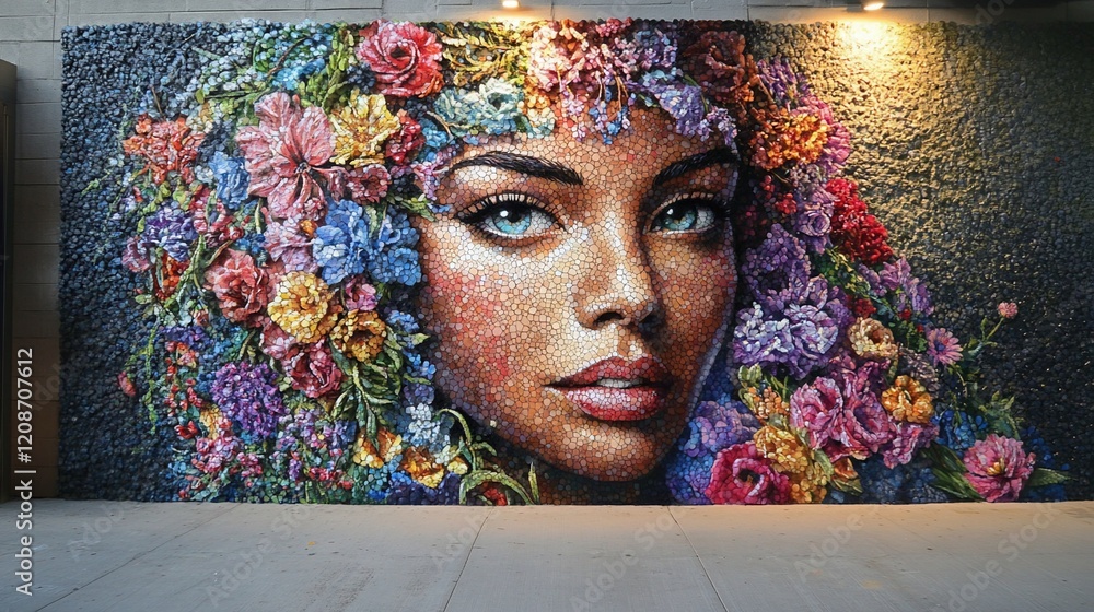 Floral mosaic portrait mural, urban setting, nighttime