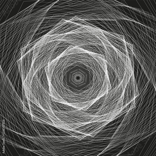 Geometric abstract design. Rotating wireframe shape. Black background contrast. Complex vector pattern.