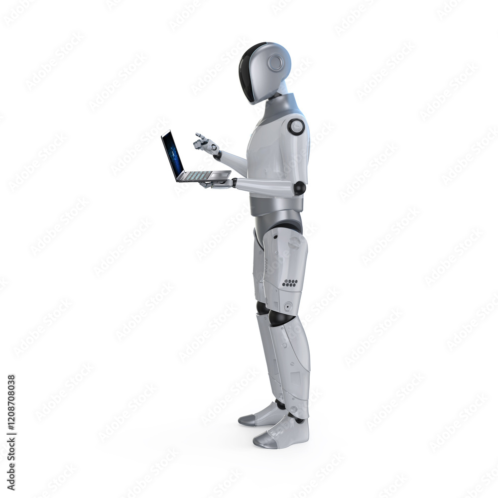 Humanoid robot with notebook computer isolated on white Humanoid robot with notebook computer isolated on white